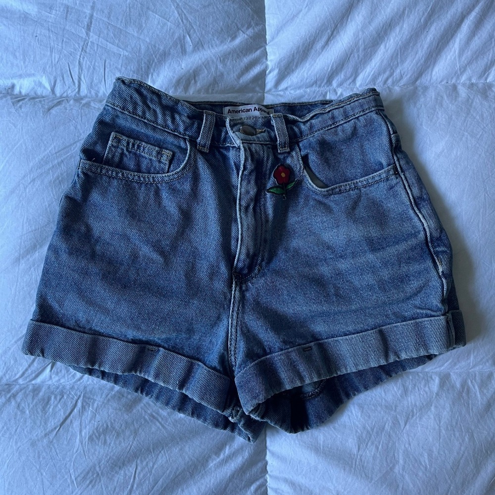 American Apparel High Waisted Denim Shorts Cuffed Embroidered Patches Size 25